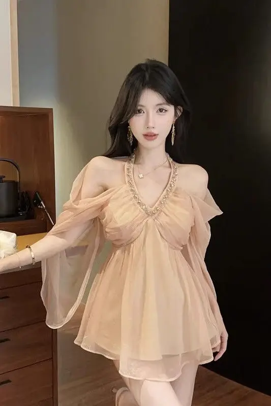 

​​French Off Shoulder Halter Blouse Women Crystal Smocked Detail Top Luxe Minimalist Ruched Photogenic Designer Chic Blouse​​