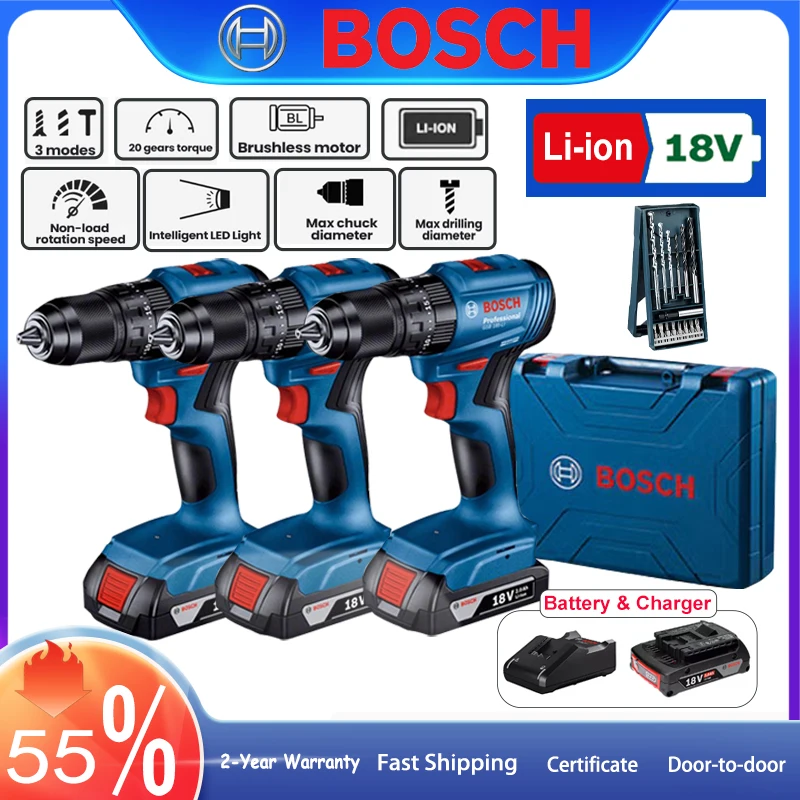 Brushless Impact Drill BOSCH GSB185LI Professional Electric Screwdriver Drill 18V Li-ion Cordless Variable Speed Electric Drill