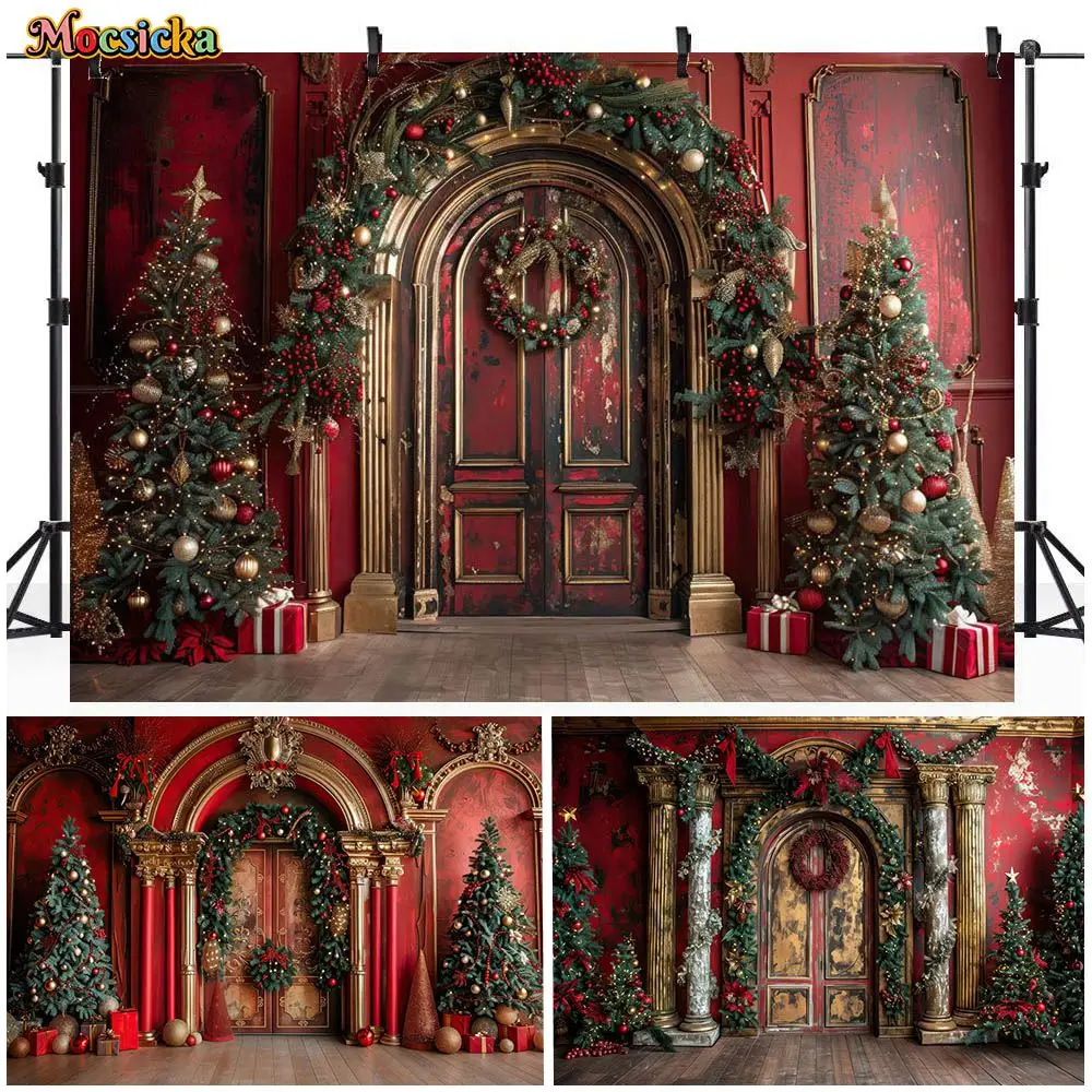 

Mocsicka Christmas Photography Backdrop Red Vintage Wall Arch Door Xmas Tree Wooden Floor Portrait Background Photo Studio Props