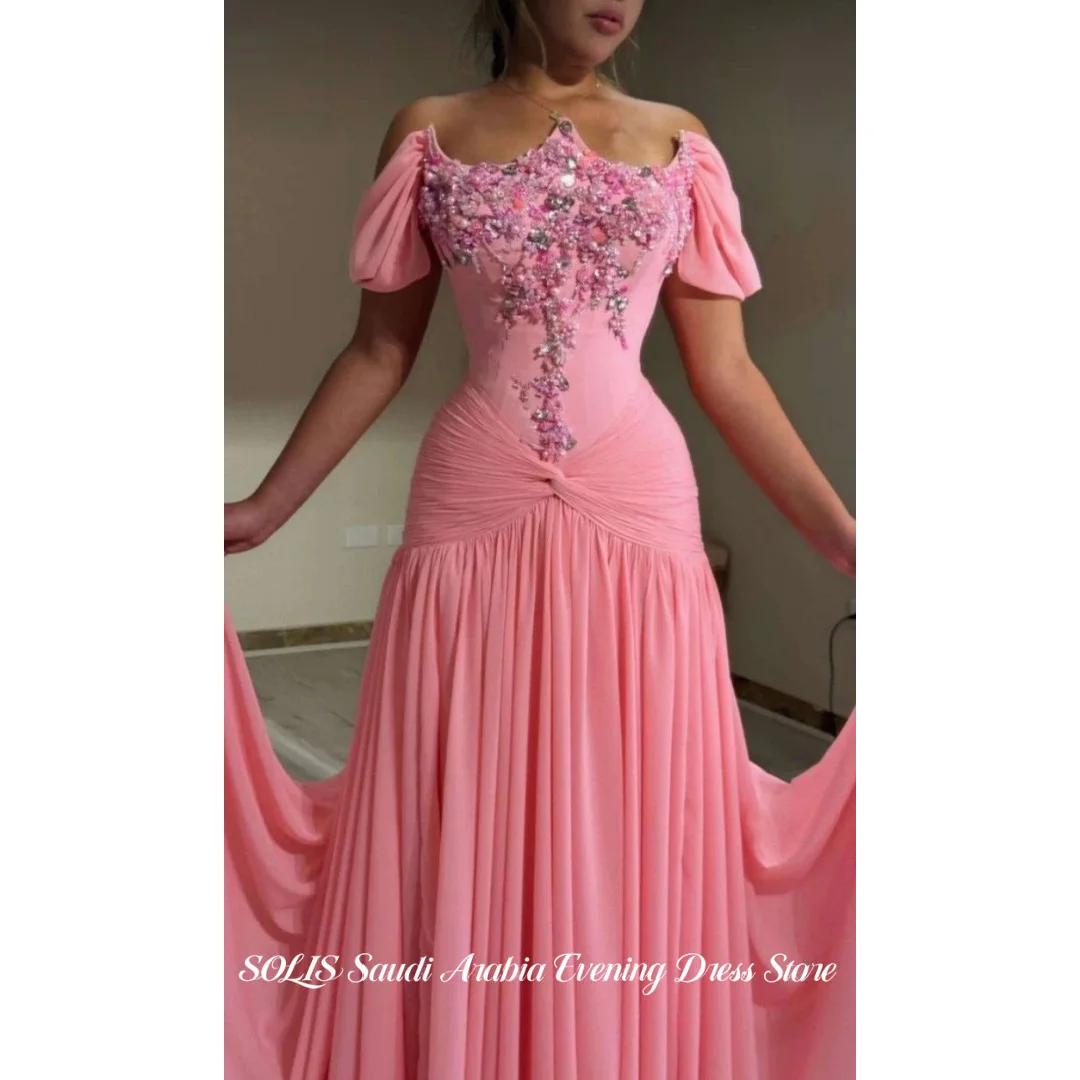 

SOLIS Pink Prom Dress Off Shoulder Flower Beaded Corset A-Line Evening Dress Floor Length Chiffon Formal Party Gown Customized
