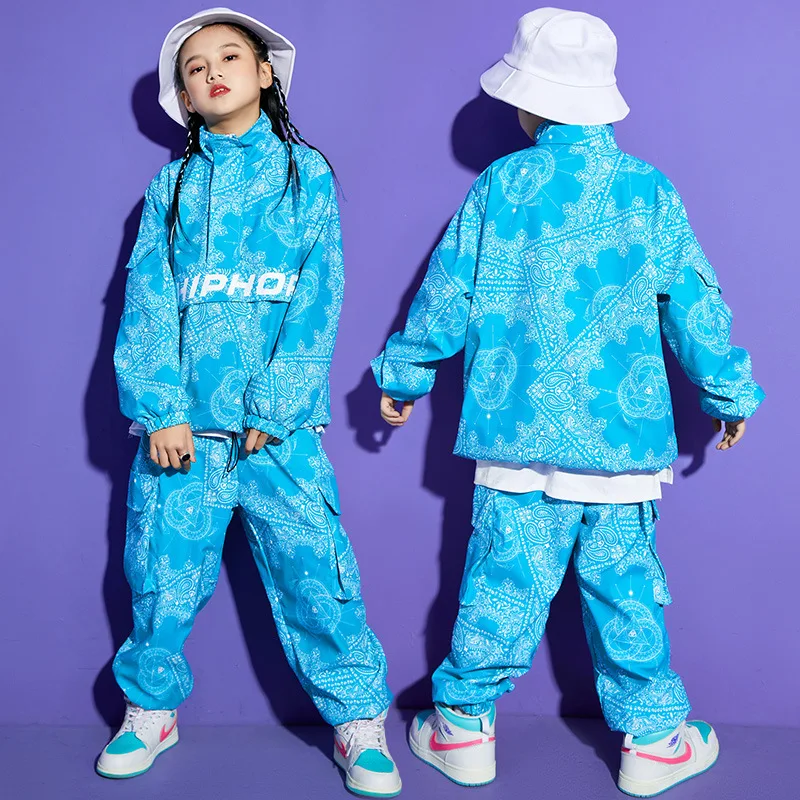 Junge Hip Hop Sweatshirt Jogger Kleidung Set Mädchen Hohe Kragen Paisley Top Cargo Hosen Kind Street Dance Kinder Streetwear Kostüm