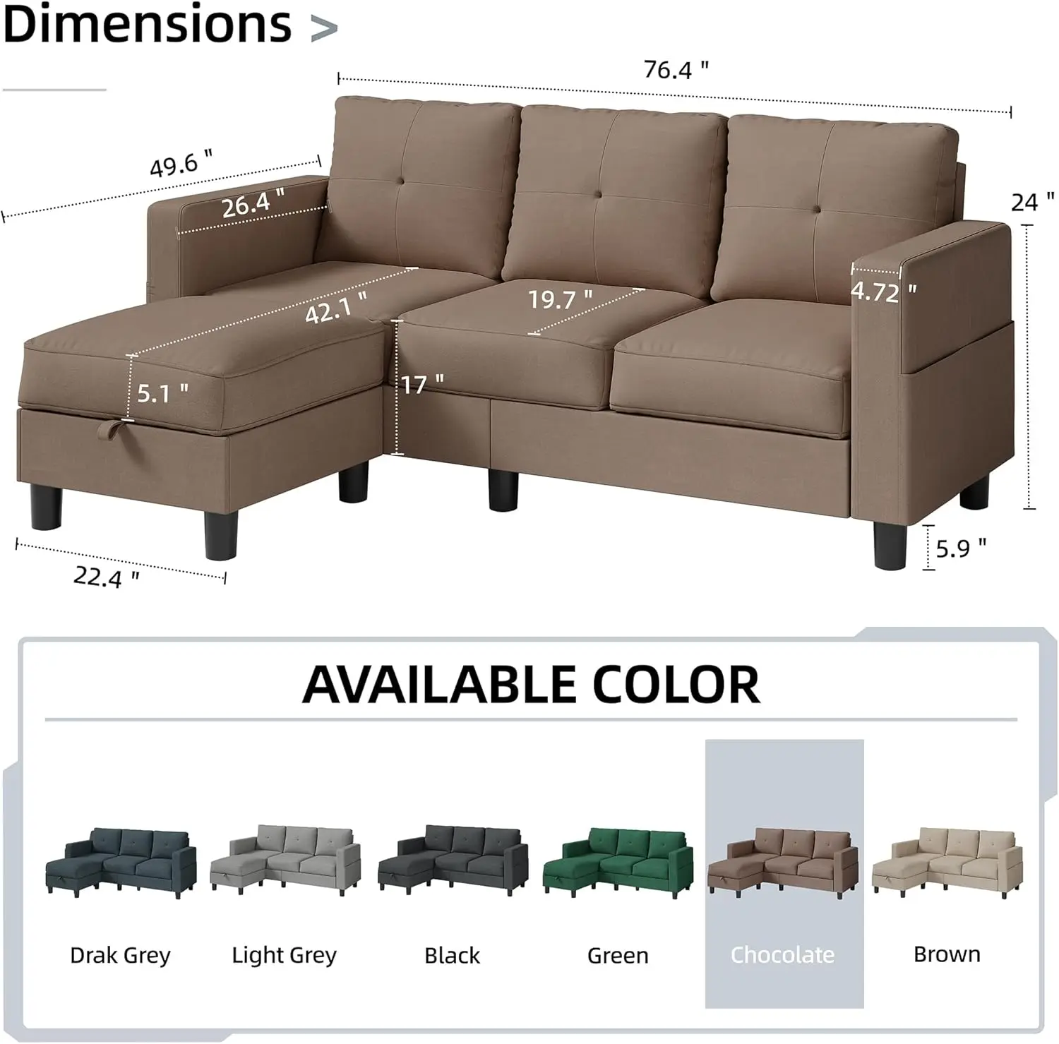 Sectional Sofa Couch,3 Seat L Shaped Couches with Storage Function Ottoman,Modern Linen Convertible Sectionals Sofas with Armres