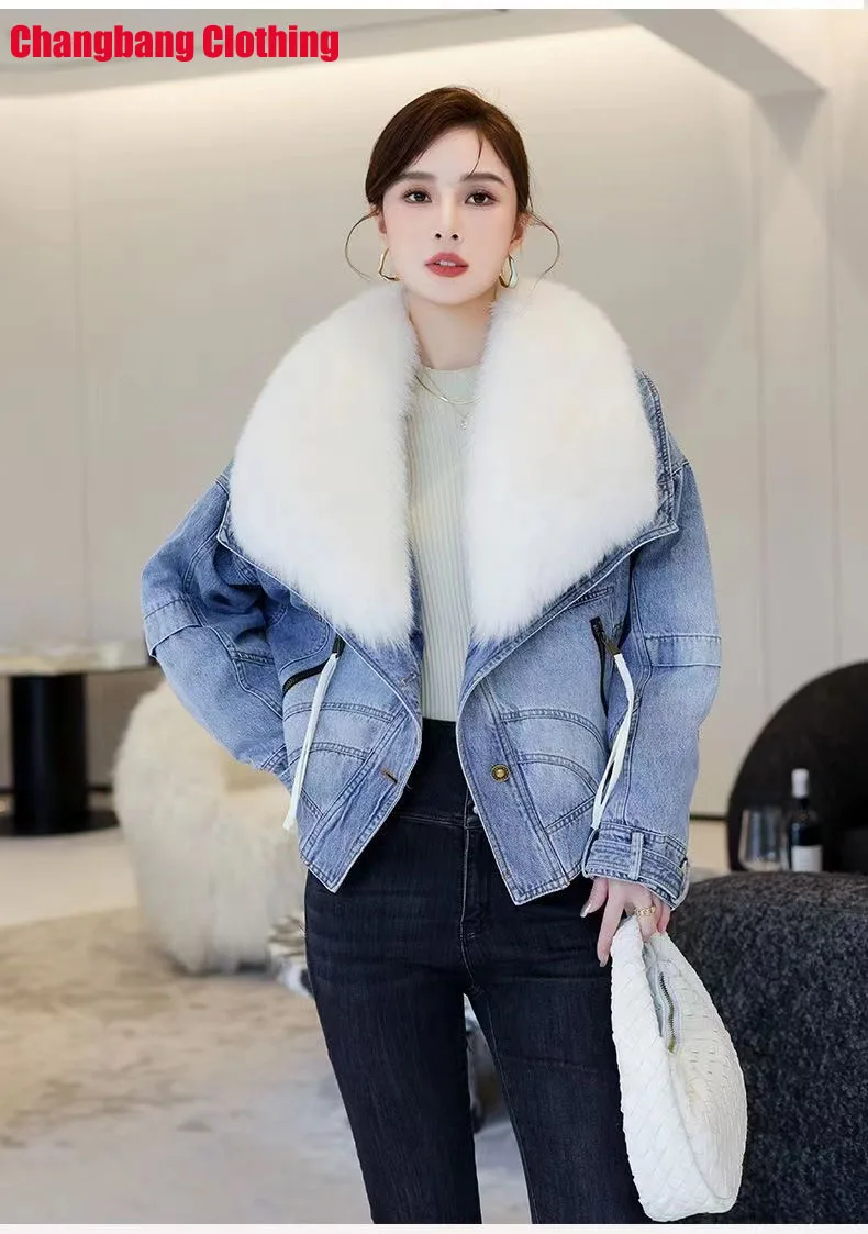 2023 Winter Women\'s New Luxury Natural Fox Fur Large Collar Goose Down Denim Down Coat Short Warm Casual Coat