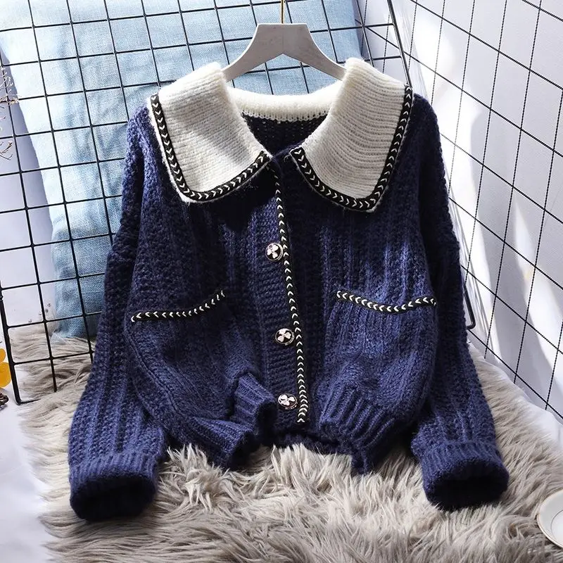 Peter Pan Collar Knitting Cardigan Coat Women Autumn Winter Simplicity Office Lady Sweater Sweet All-match Trend Knitwear Tops