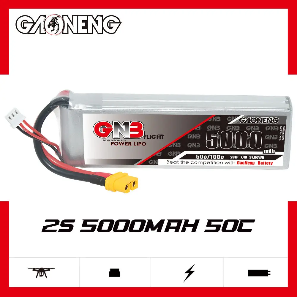 Gaoneng GNB 5000mAh 50C 2S/3S/4S/5S/6S 7.4V/11.1V/14.8V/18.5V/22.2V LiPo Battery with XT60/XT90/T Plug for RC Cars Boats Drones