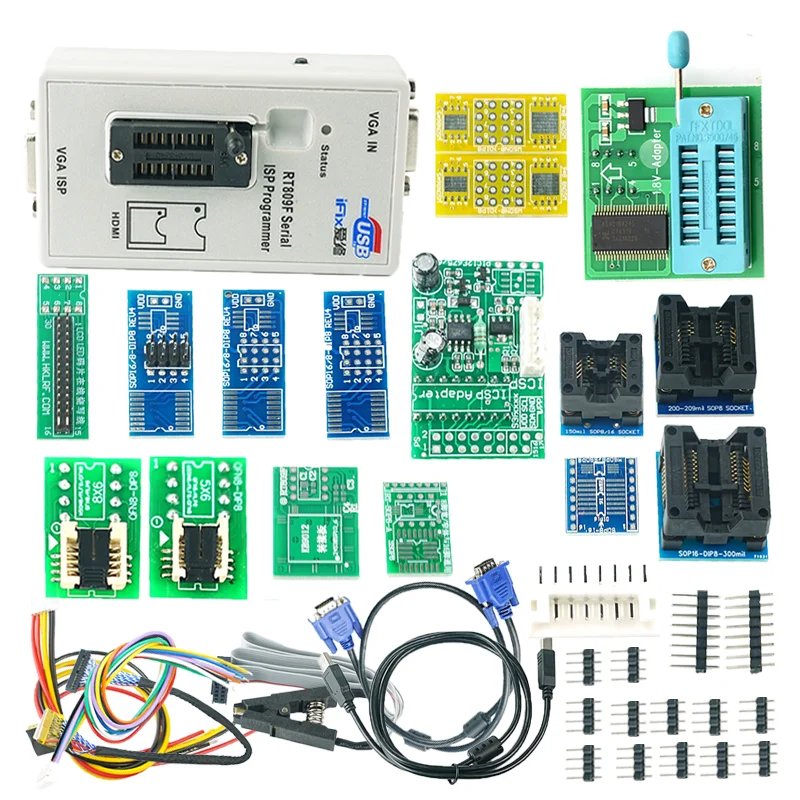 

Free Shipping RT809F ISP LCD Programmer +16 Adapters SOP8 IC Test Clip+SOP8/TSSOP8 Adapters KB9012/1.8V Adapter/ EDID Cable