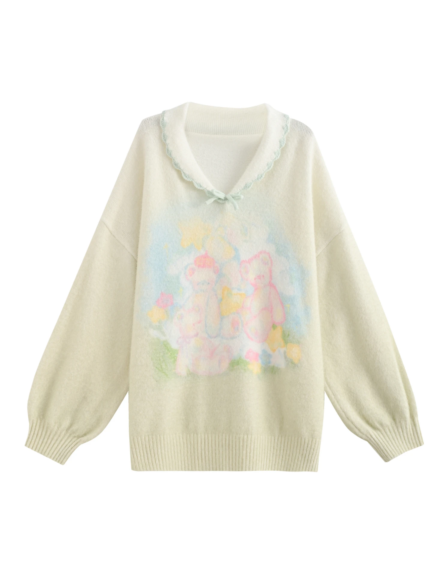 Cute Bear Print Long Sleeve Knitted Sweater Loose Fit Doll Collar Sweet Style Women's Autumn Top Soft Medium Nylon Rayon Poly...