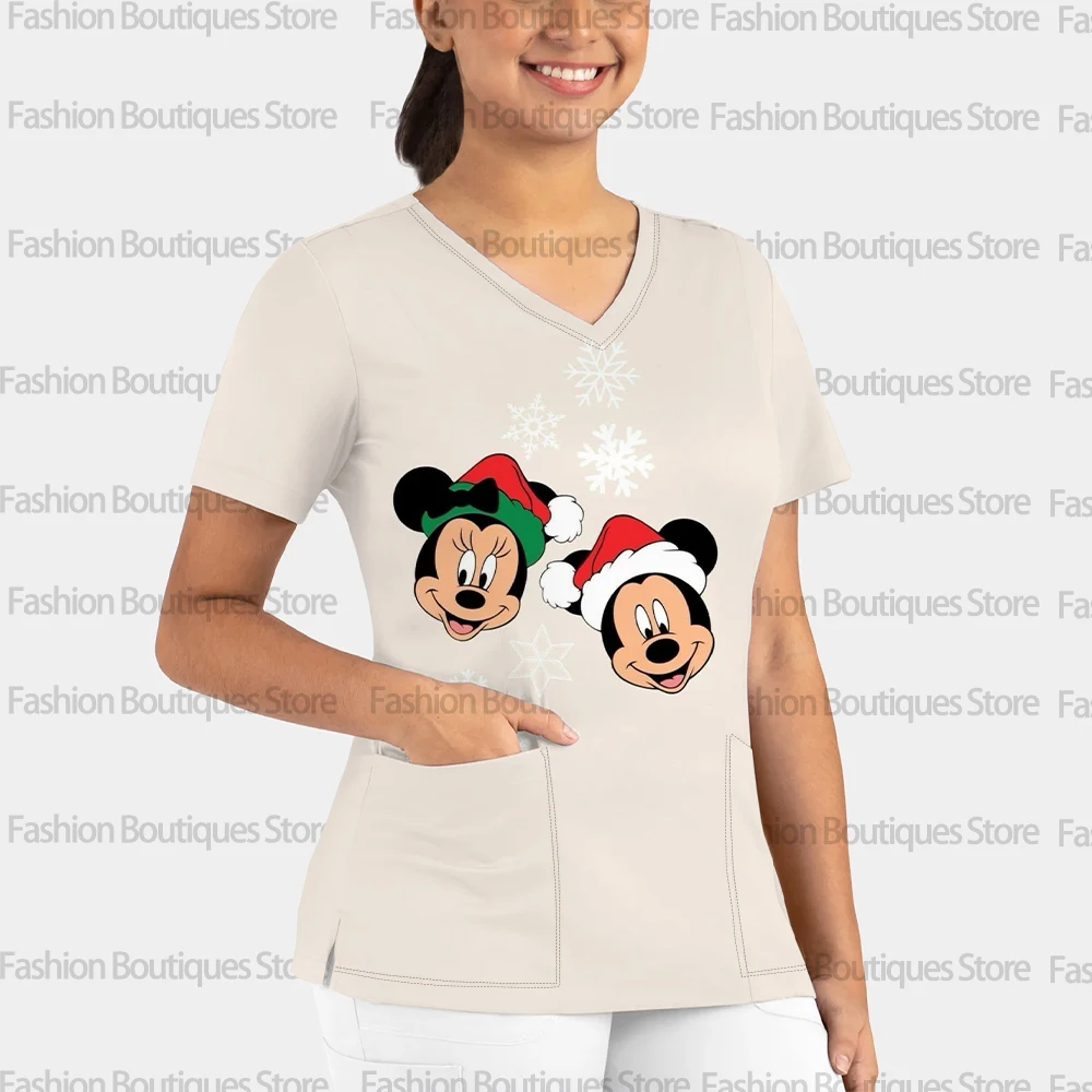 여성용 세련된 의료 작업복, 크리스마스 스타일, 디즈니 미키 마우스 프린트, 여름 캐주얼 브이넥 반팔 수술복