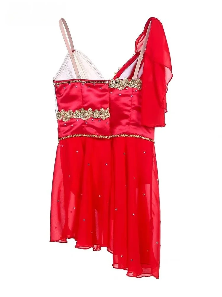 レッドムーン女神バレエパフォーマンスドレス、競技ドレス、ショートシフォンドレス、パフォーマンスドレス、PDEプロフェッショナルカスタマイズ