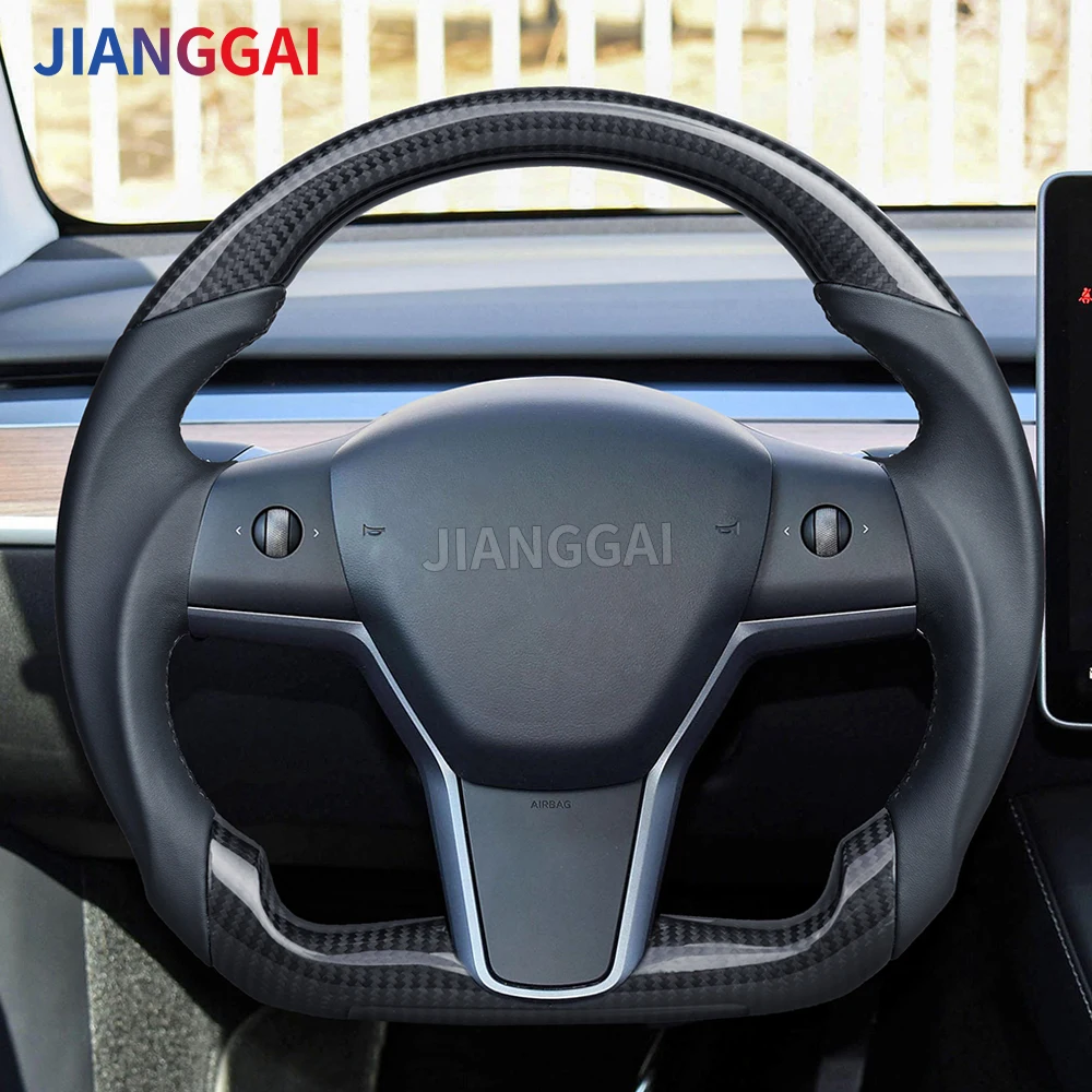 

Dry Carbon Fiber Steering Wheel For Tesla Model 3 Model Y 2016-2022 Racing Steering Wheel Black Smooth Leather Car Accessories