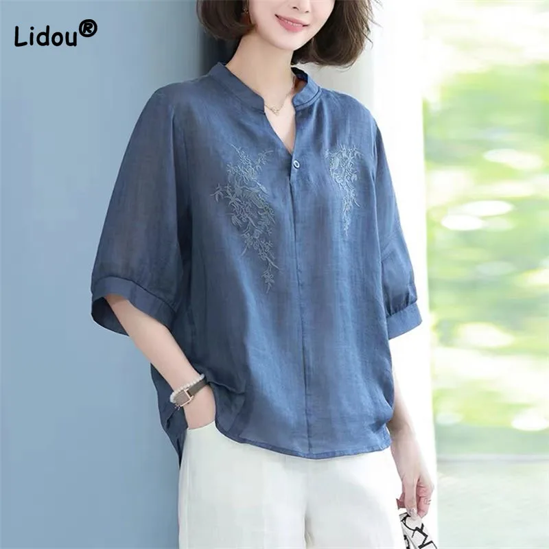 

Simplicity Casual V-Neck Cotton Linen Pullovers Shirt Summer New Women's Clothing Fashion Commute Solid Color Embroidery Blouse