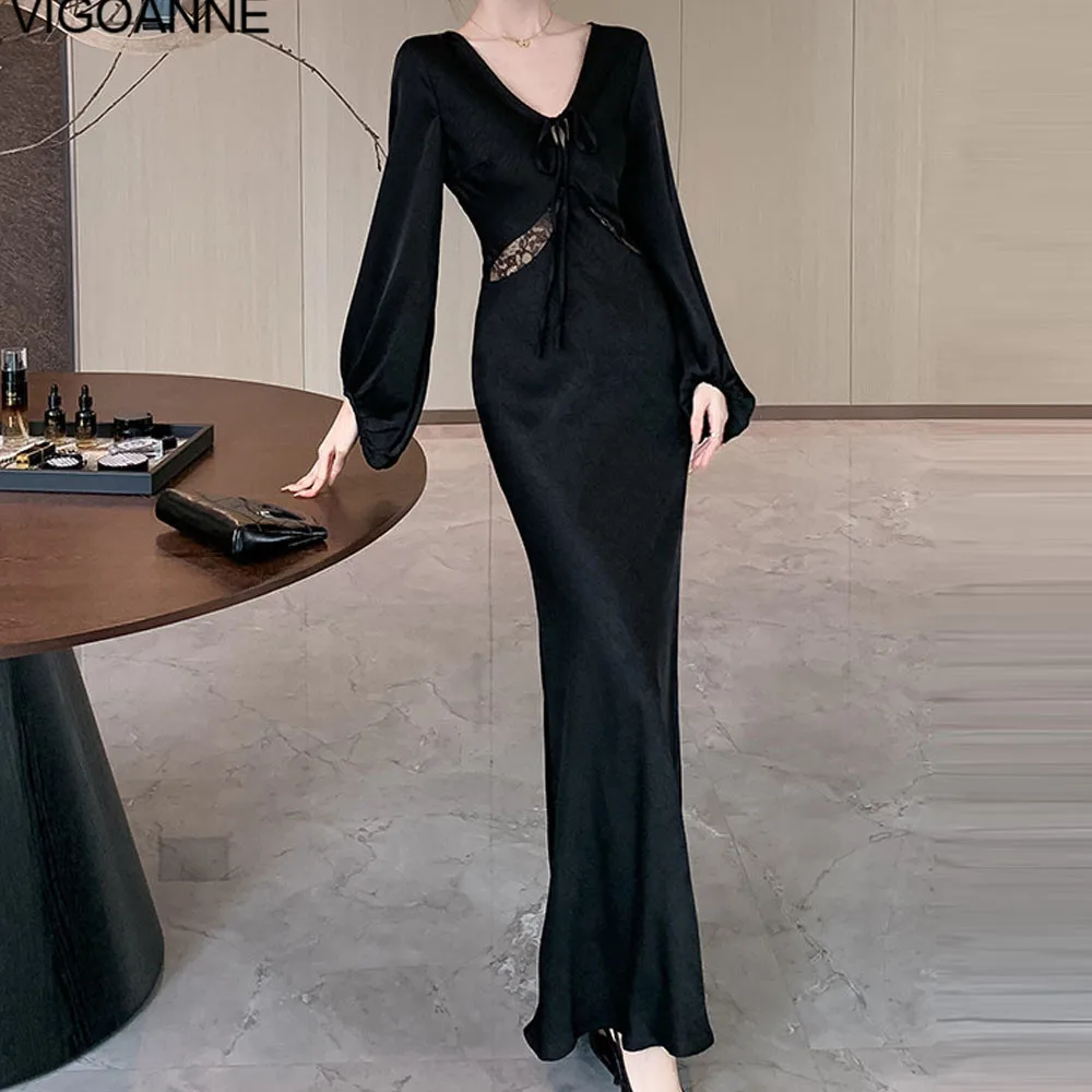 VigoAnne 2025 Woman Lace Patchwork Hollow Dress Spring Autumn Long Sleeve Korean Dresses Lady Evening Party Tight Long Dress