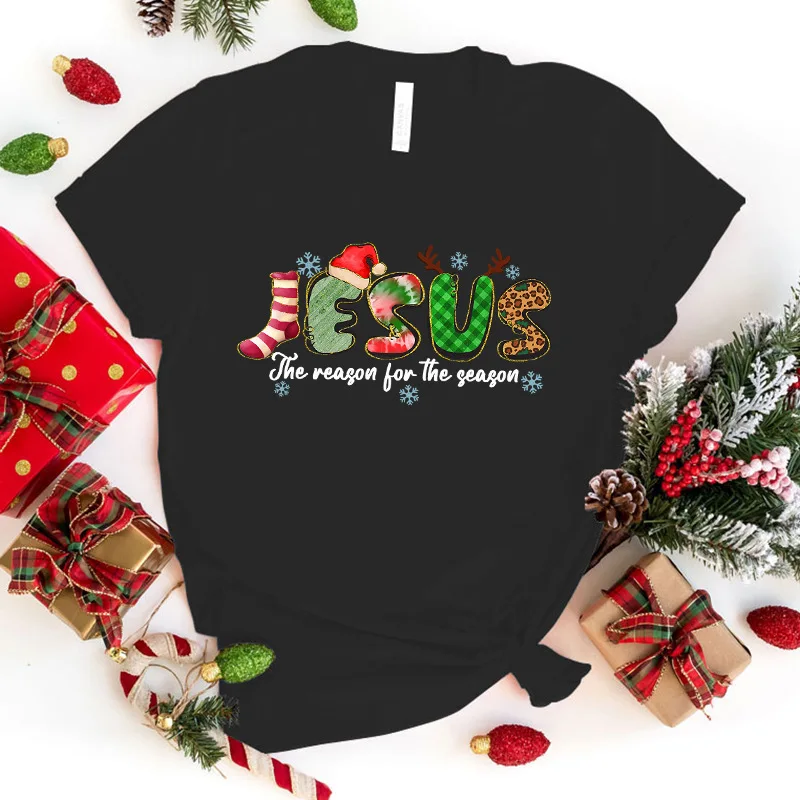 Cotton  100% Men Jesus The Reason For The Season Christmas Graphic T-Shirt Faith Xmas Casual Short Sleeve Tee