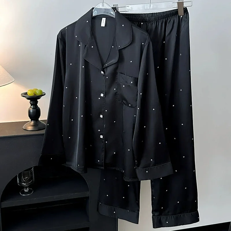 

Women Pajamas Two-Piece Set Loose Casual Silk Satin Sleepwear Lounge Wear Long Sleeve Trouser Suits Pyjama Pour Femme Homewear