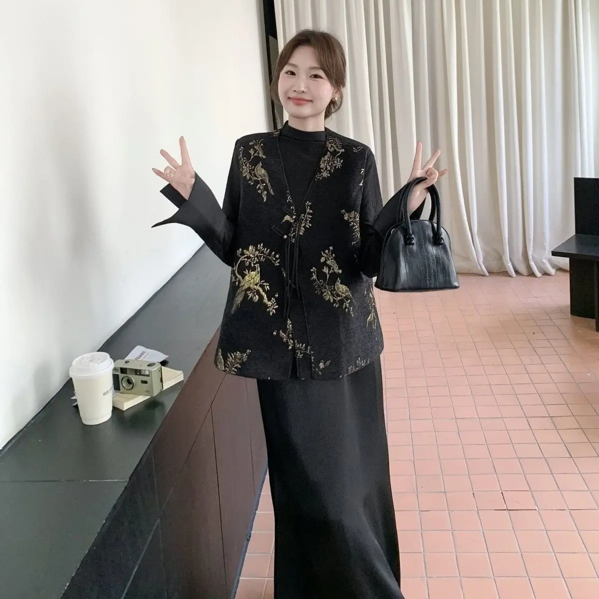 Sweater Vest Tank Top Skirt 3-piece Set Chinese Vintage Tangsuits Vest Women Elegant Clothing Oriental Style Black Vest Set