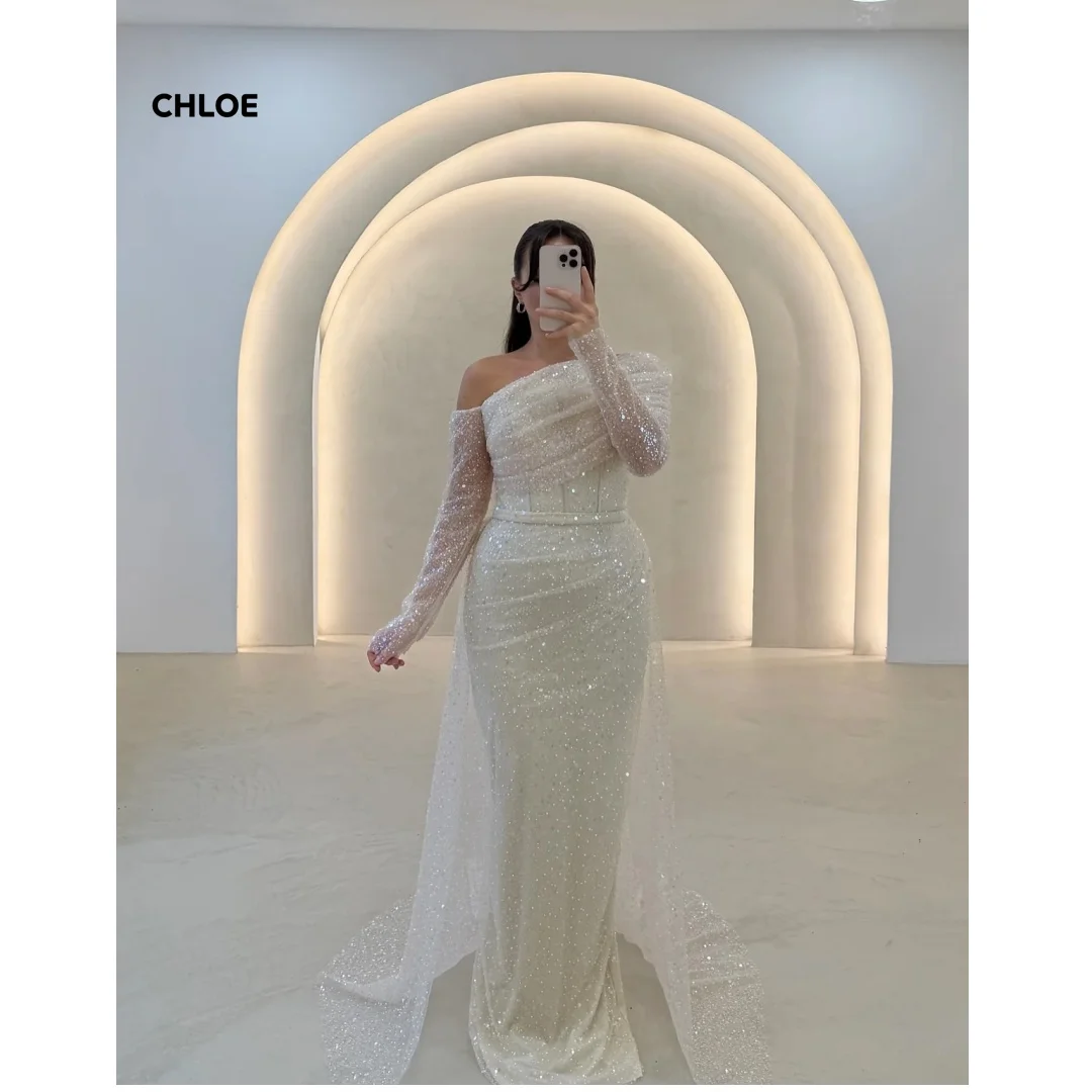 Elegante jurk met één schouder, lijn een luxe galajurken 2025, luxe op maat gemaakte damesavondjurk met lange mouwen, baljurken