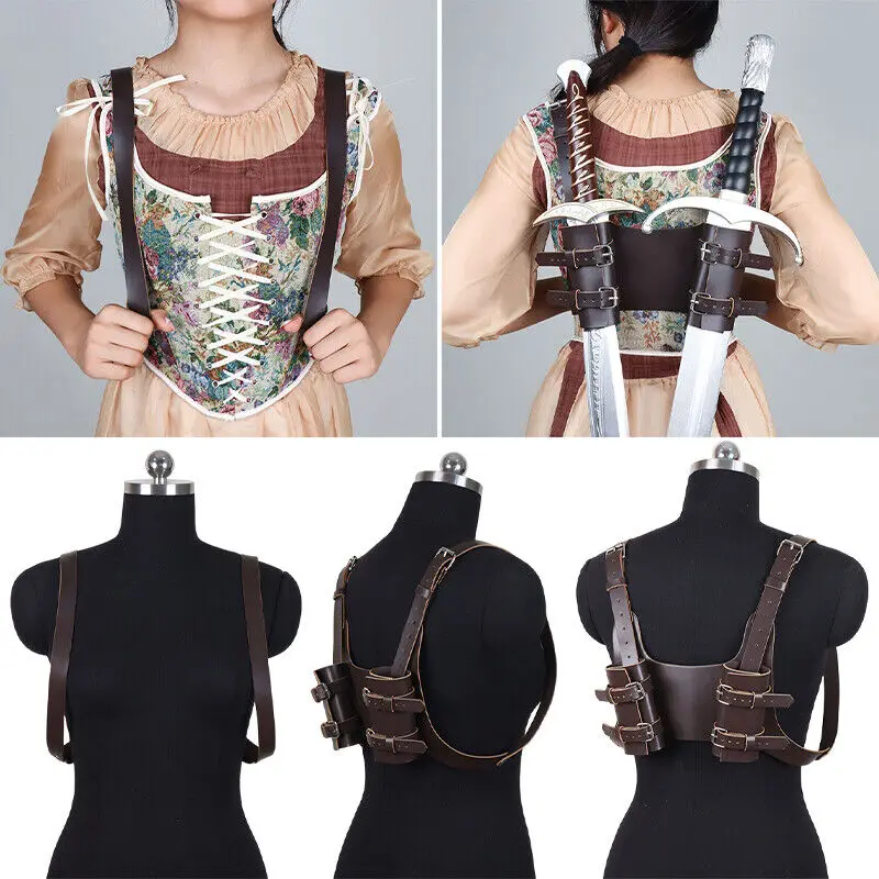 Black Brown Back Mounted Leather Dual Sword Frog Double Shoulder Harness Sheath Cosplay Costume Leather Gear