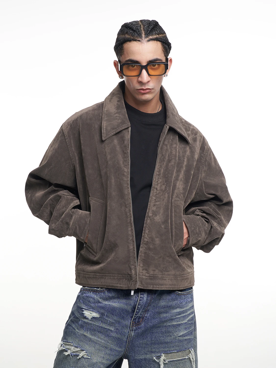 

MT99 American Retro Classic Velvet Lapel Jaet Trendy Brand Haome Khaki Zipper Coat Men's Faion Urban Sle Polyester F...