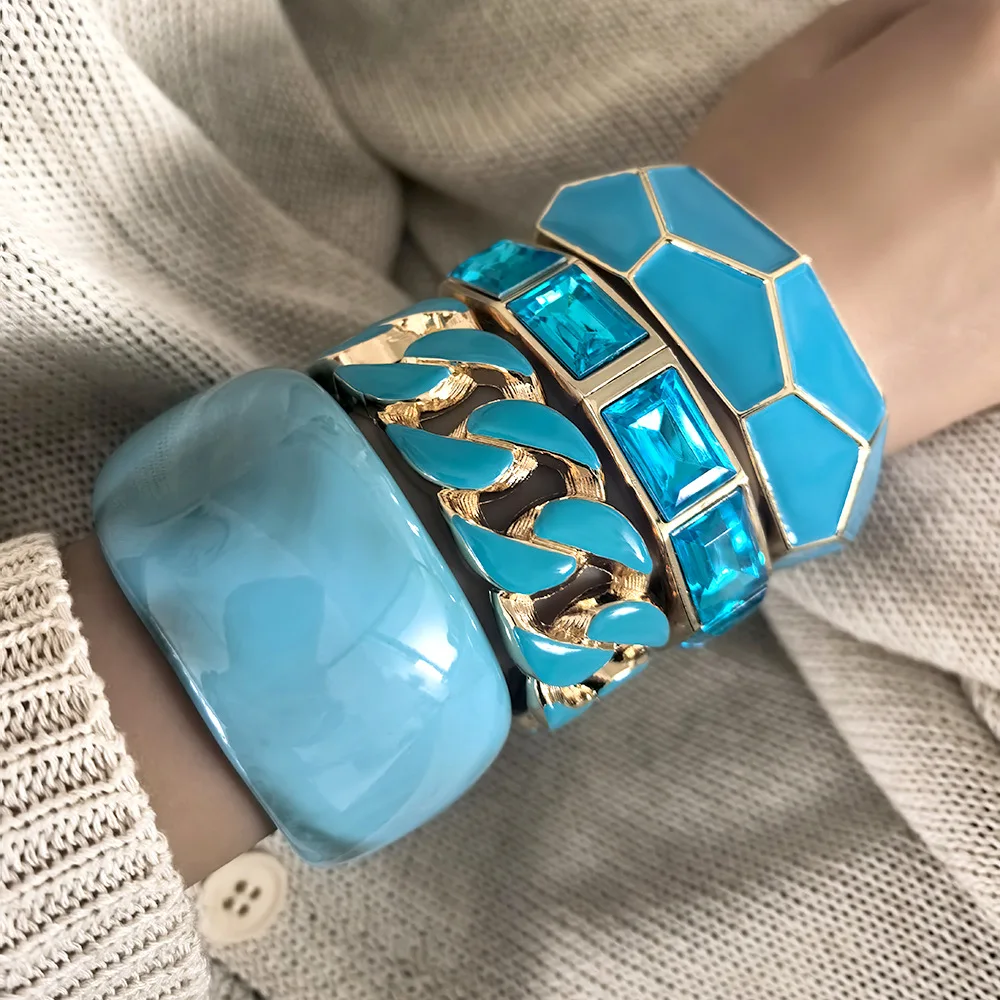 Vintage Punk Blue Dripping Oil Metal Enamel Spring Bangles For Women Geometric Wide Chunky Cuff Bracelet Party Aesthetic Jewelry