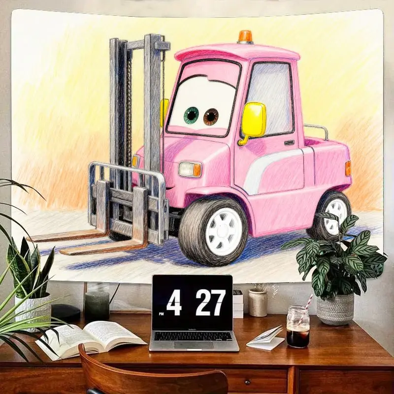 

1PC Kawaii Pink Forklift Tapestry Modern Polyester Wall Art Kids Girls Bedroom Dorm Nursery Decor Cute Pencil Art Gift