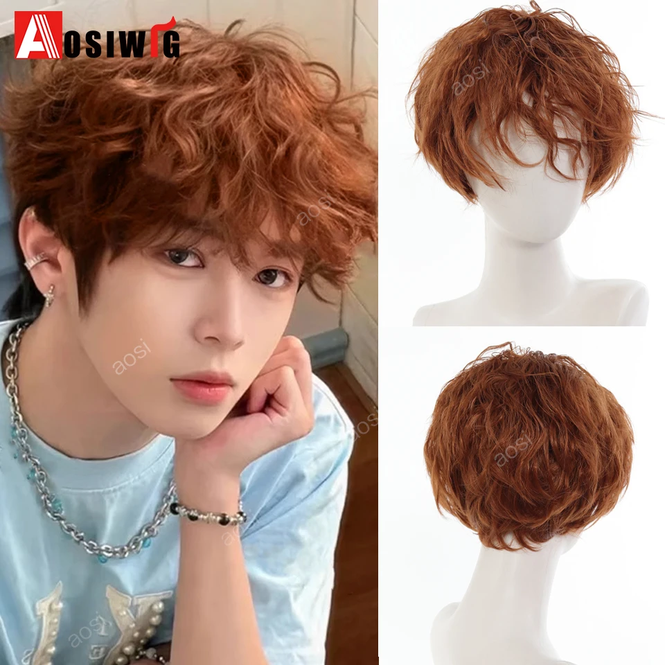 

AOSI Short Synthetic Men's Breathable Wig Brown Men Boy Short curly Cosplay Men Party brown Heat Resistant Synthetic Hair Wig