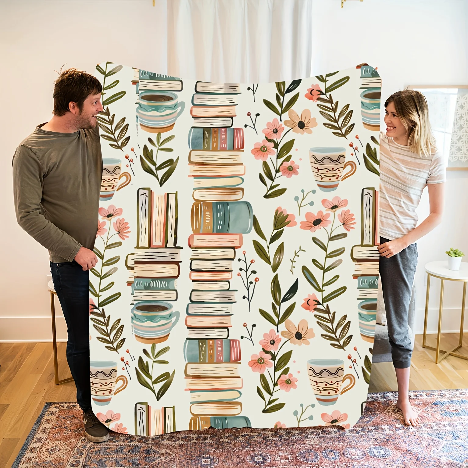 Flannel Blanket - All-Season, Whimsical Book & Floral Print for Home, Camping, Travel,Gift for Lovers,Best Friends & Family