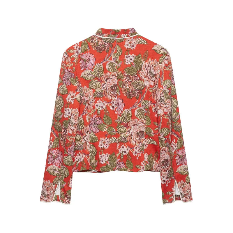 2026 Frühling Herbst Neue Damen Blumen-Jacquard-Print Stehkragen Kurzer Blazer Langarm mit Taschen Vintage Blumen-Anzugjacke – Detail 4
