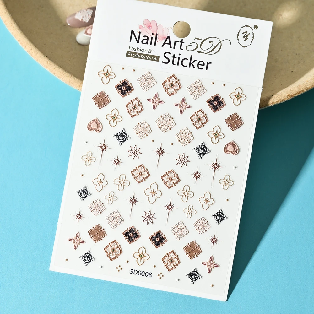 1 Sheet 5D Embossed Flower Nail Art Sticker Elegant Bohemia Design Metallic Flower Slider Sticker For Nails Self-adhesive Decals