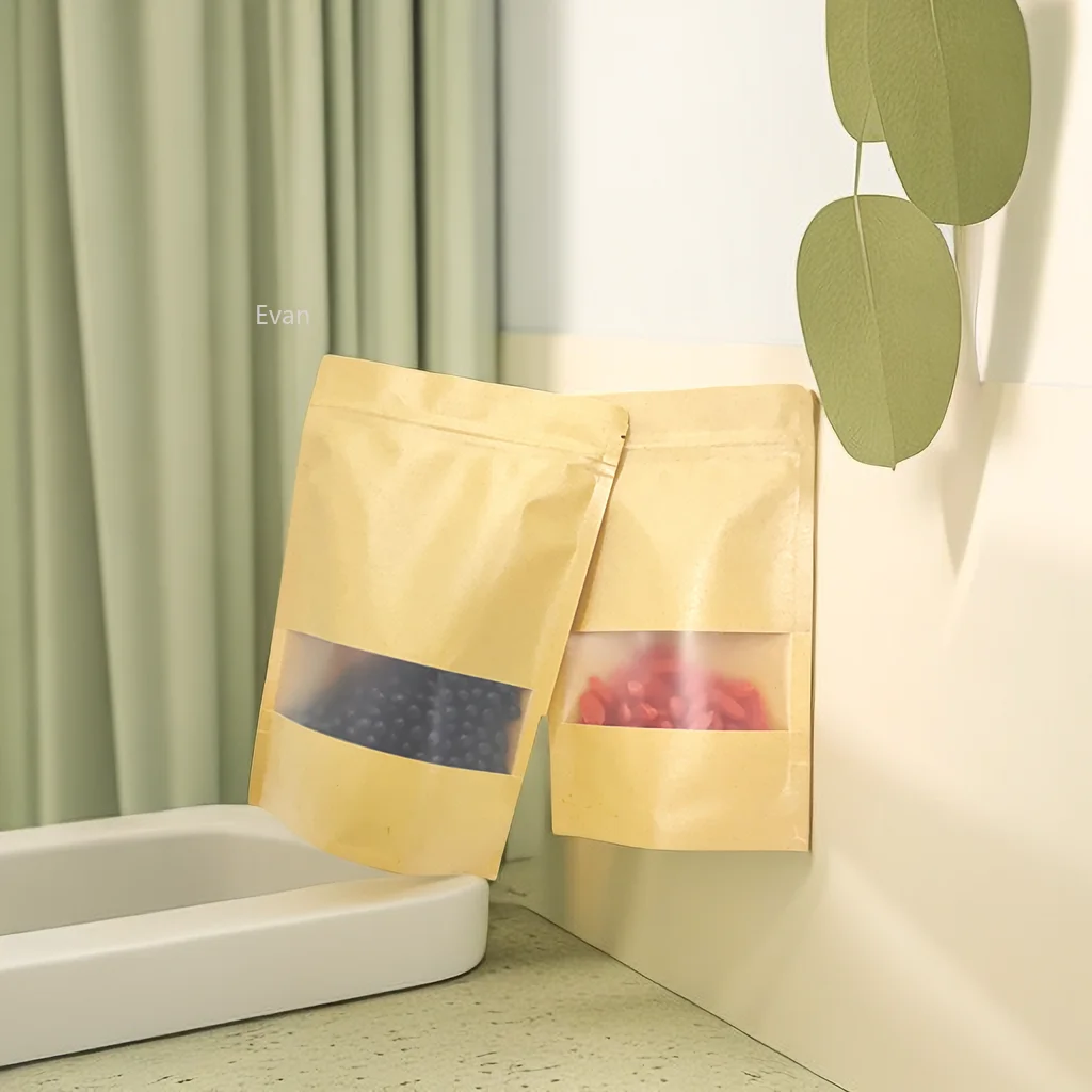 50/100pcs Kraft Paper Bags, Stand Up Pouches Packaging , Food Packaging Bags with Window, Ziplock Coffee Bags for Small Business