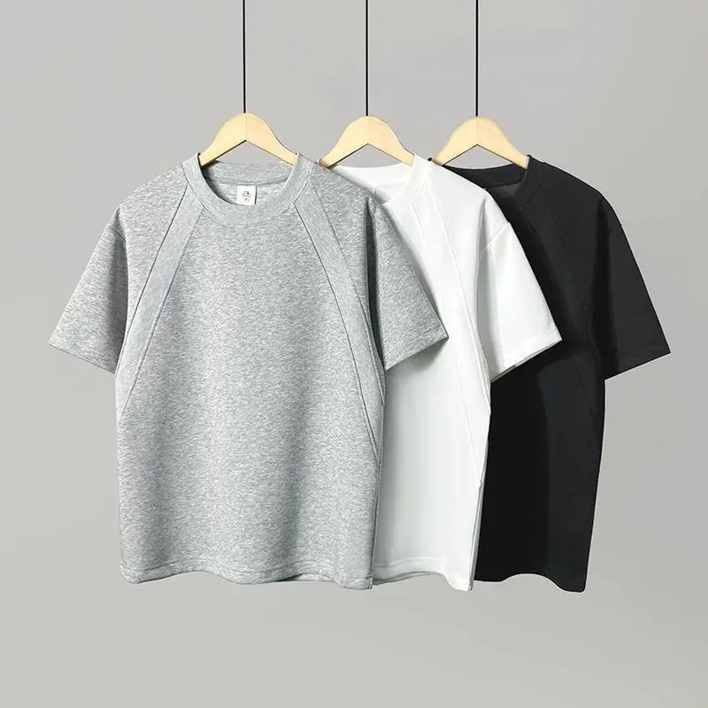 

Summer Cotton Oversized T Shirt Men Heavyweight New Short Sleeve Harajuku Tee Breathable Basic Color Block Casual Streetwear