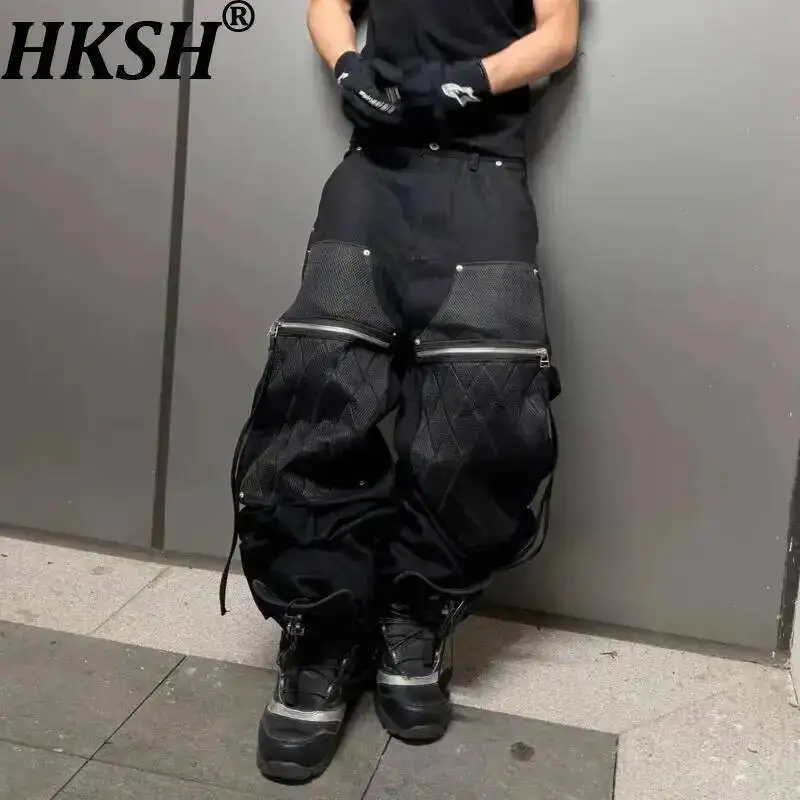 HKSH Spring New Men's Tide Chic Ins Racing Mesh Knee Pads Safari Style Punk Leather Silhouette Straight Wax-Coated Jeans HK24140