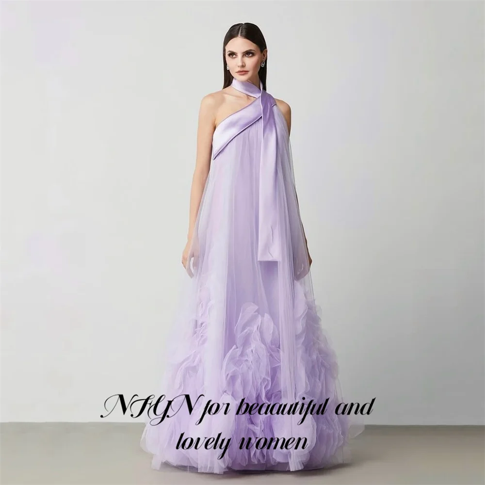 Nfyn lavanda vestidos de noite halter pescoço vestidos de baile volumoso tule vestido de celebridade sem mangas vestidos formais personalizados
