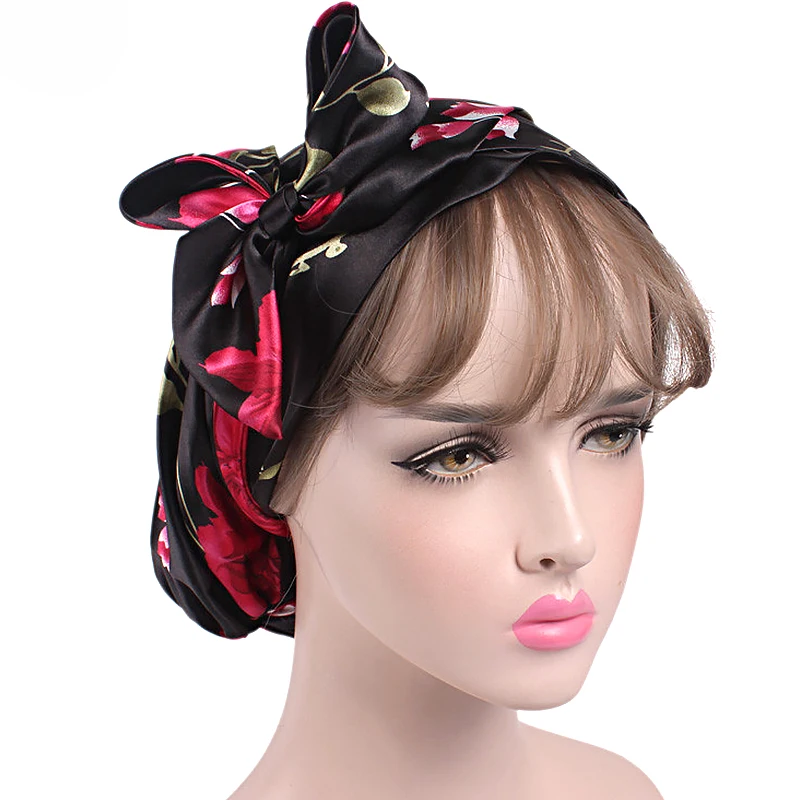 Women Flower Print Head Wrap Turban Hat Head Scarf Hjiab Night Cap Chemo Caps Satin Bowknot Soft Muslim