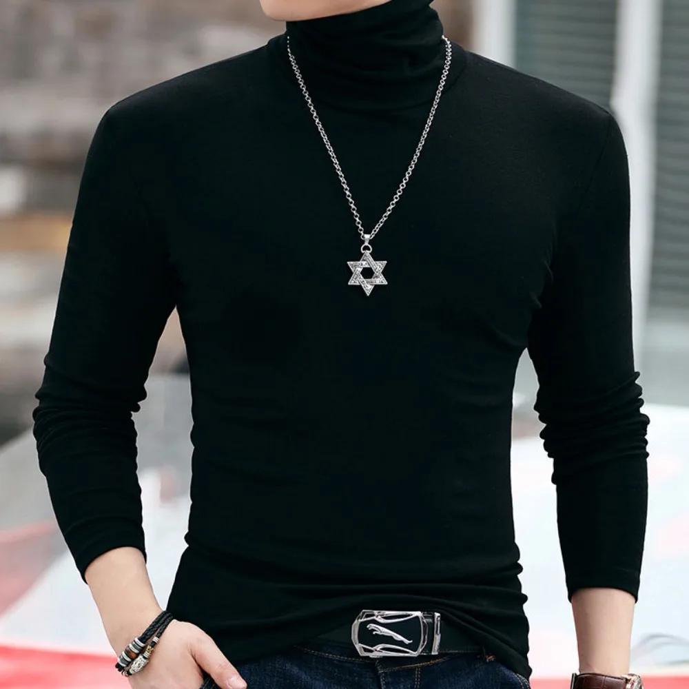 Autumn Winter 2023 Fashion Luxury Full Turtleneck Soft Men\'s T-Shirt Tops Slim Fit Smooth Long Sleeve Tee Casual and Stylish Tee