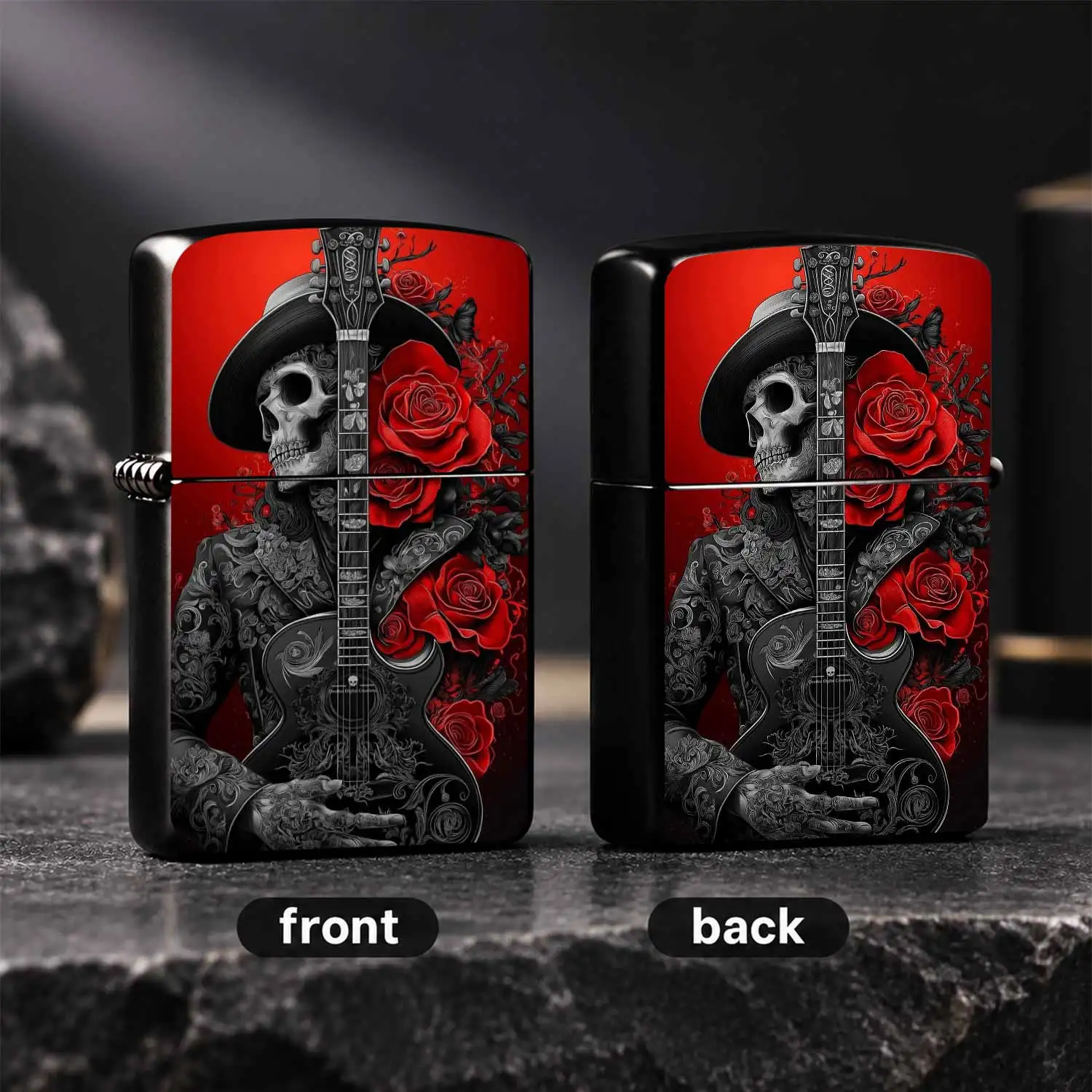 Vintage Rock Skull Guitar Player Lighter Stunning Red Rose Art Pattern Engraved Durable Housing PORTABLE Lighter Exquisite Ornate Craftsmanship Cool Collectible Igniter Ideal Gift for Fans Punk Style Enthusiast Daily Use A Fun and Humorous