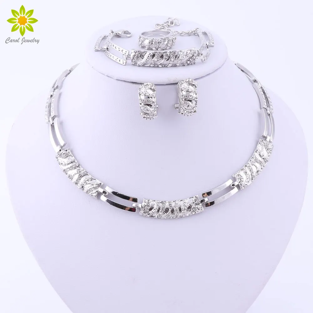 Elegant Fashion Silver Color Jewelry Sets Crystal African Beads Necklace Earrings Ring Bracelet Set For Women