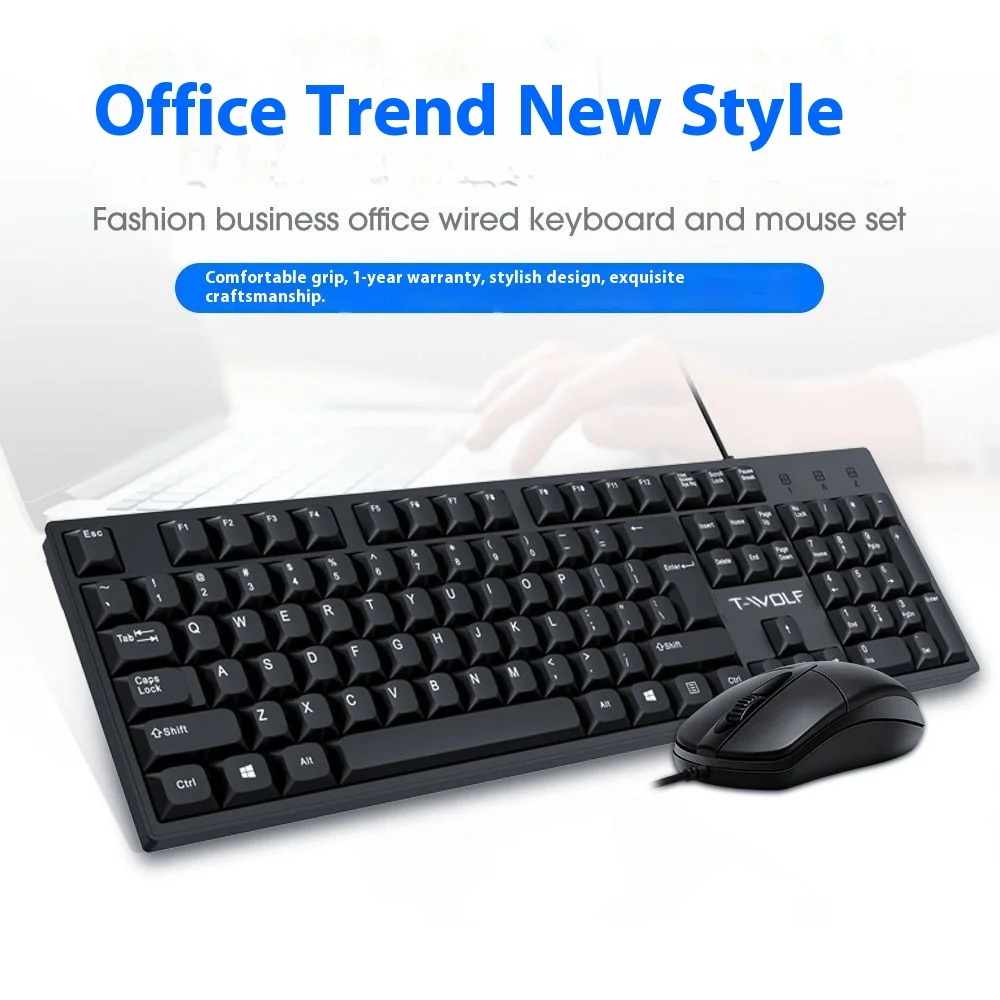 T-wolf TF500 Wired Keyboard and Mouse Combo USB Ergonomic Waterproof 1000 DPI Office Gaming Set for PC Laptop
