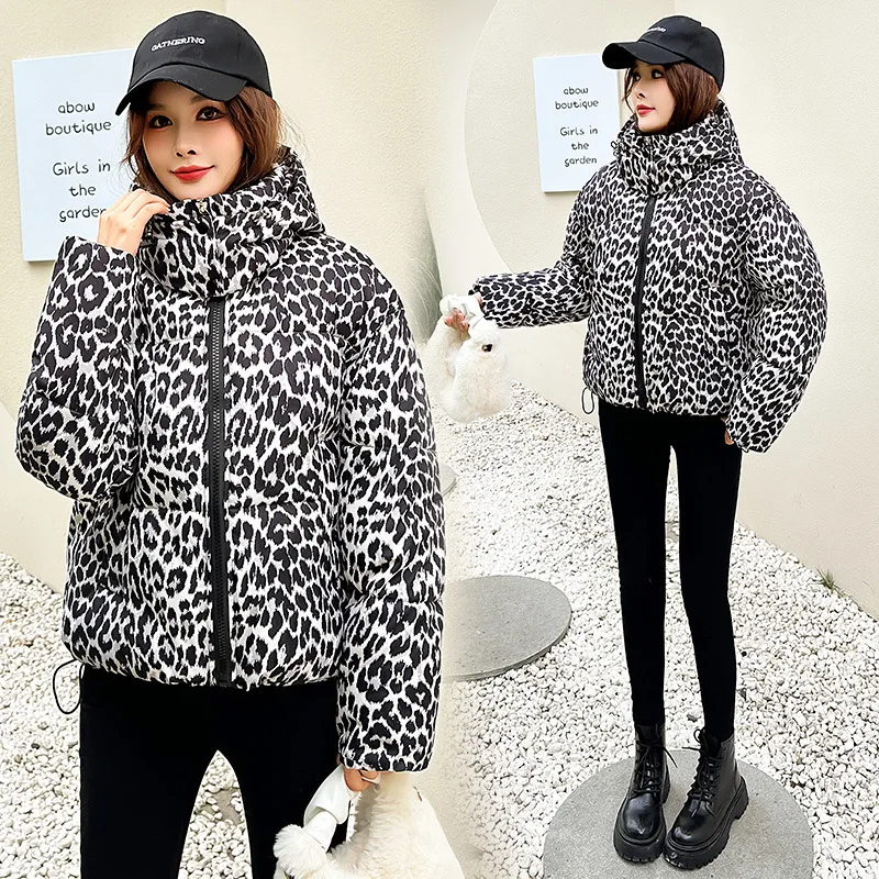 새로운 다운 코튼 자켓 여성 파카 패션 느슨한 후드 레오파드 인쇄 짧은 두꺼운 따뜻한 겨울 캐주얼 여성 겉옷 오버 코트