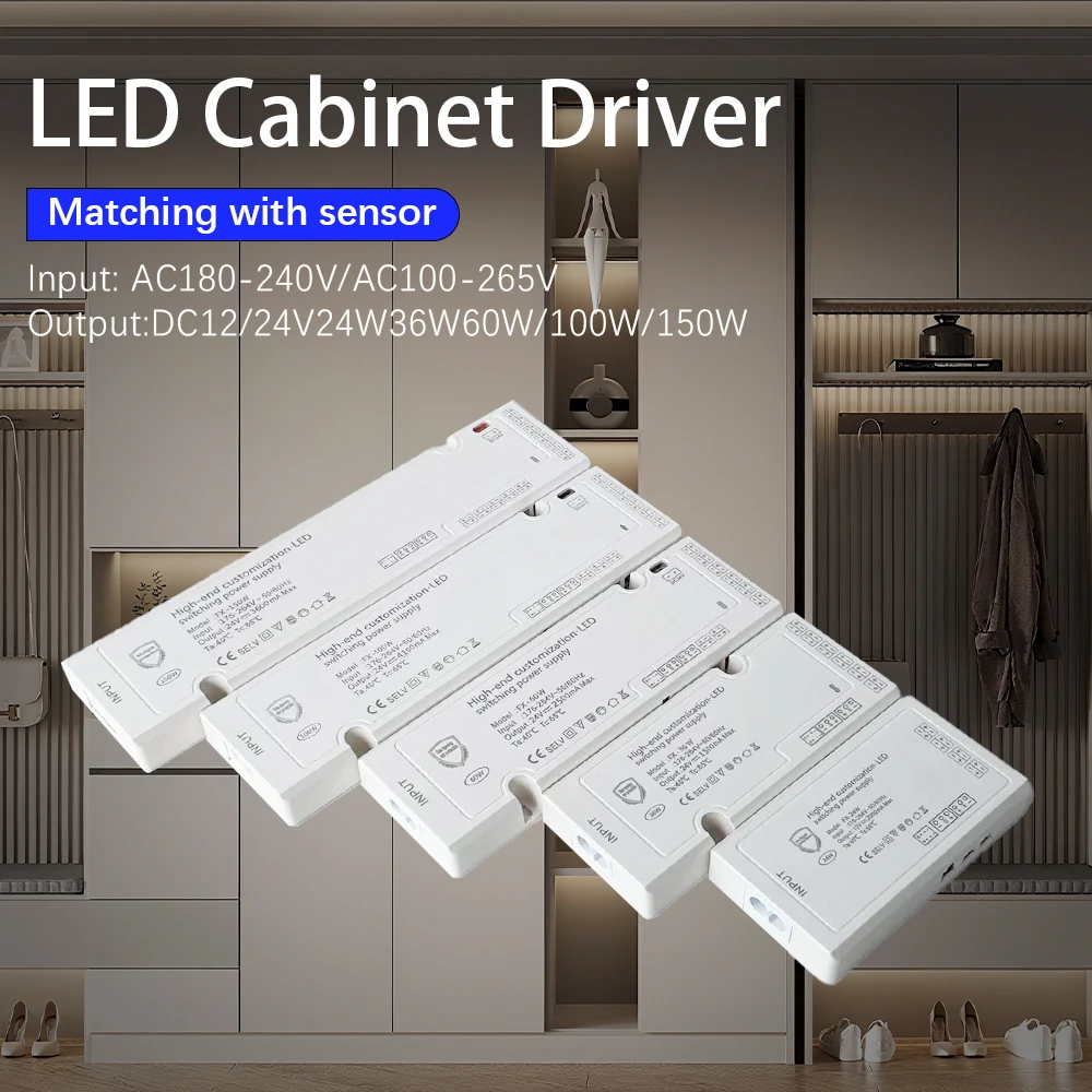 Easy Installation Lightr 220V AC to 24V 12V 24w 36w 50w 60w 100w 200 Adapter Switch Light Emitting Diode Cabinet Driver