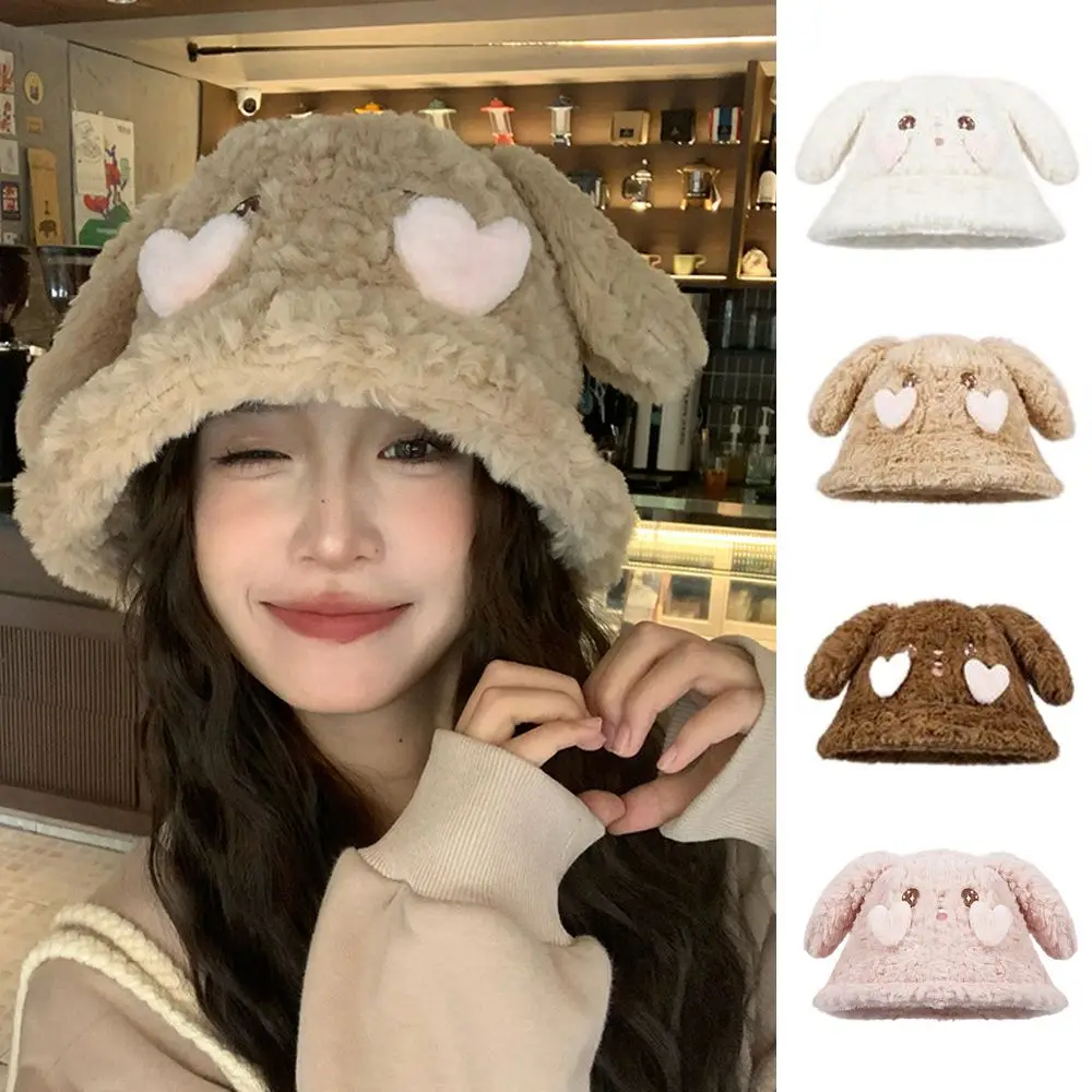 Sombrero de cubo de felpa de alta calidad, gorro de lavabo con diseño de orejas de conejo grandes de dibujos animados, gorro de invierno cálido a prueba de viento para mujer