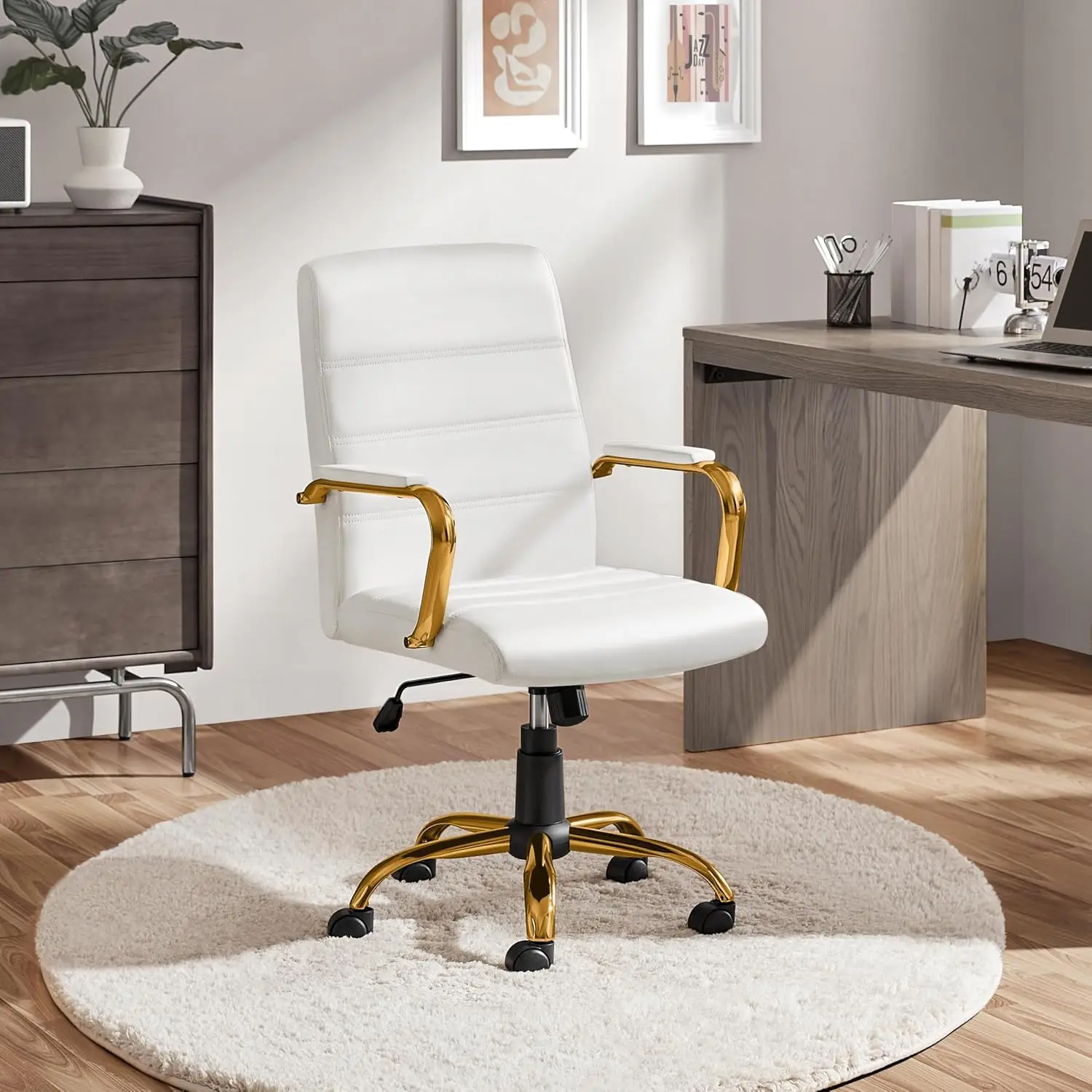 White and Gold Office Chair Mid Back PU Leather Rocking Desk Seat | Foam-padded PU leather seat and gold-tone metal, Customized