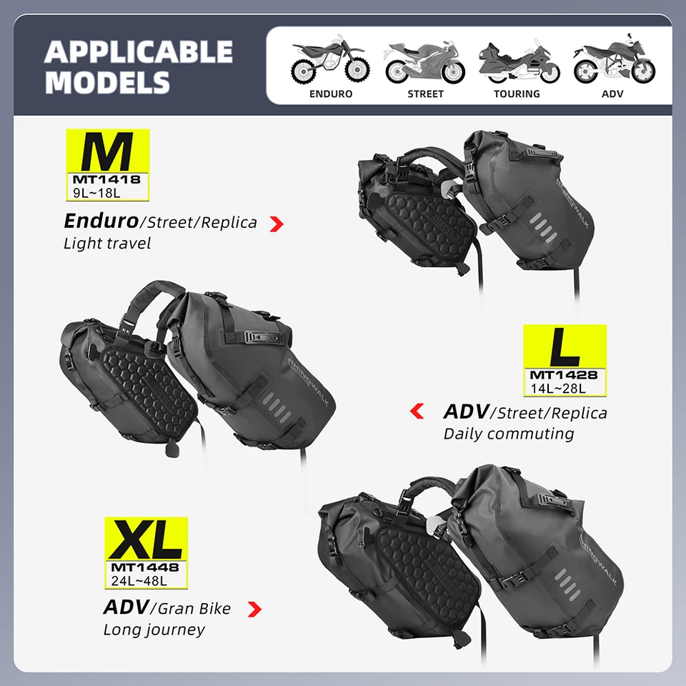 Rhinowalk オートバイサイドバッグ 18L/28L/48L 100% 防水バイクパニア