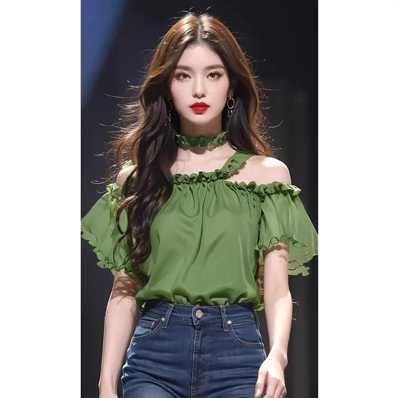 

Fashionable Green Chiffon Off-shoulder Shirt for Women 2025 Summer New Temperament Top