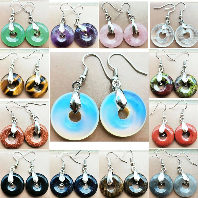Crystal Jaspe Tiger Eye Carnelian Opal Aventurine Blue Sand Bloodstone Goldstone Round Dangle Earring PWB1192