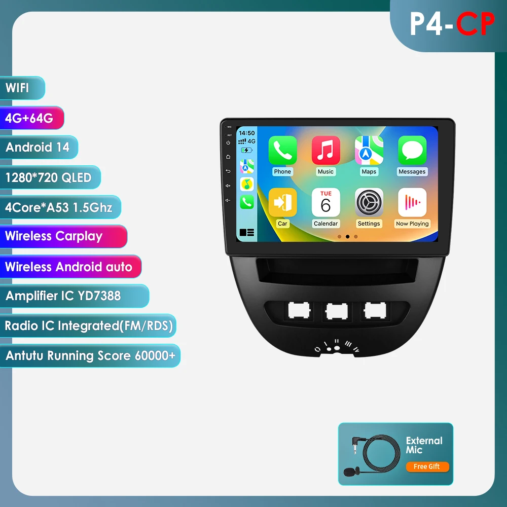 6115 Android Autoradio voor Peugeot 107 Toyota Aygo Citroen C1 Autoradio Multimedia Scherm Draadloze Carplay GPS Audio 2 Din Speler