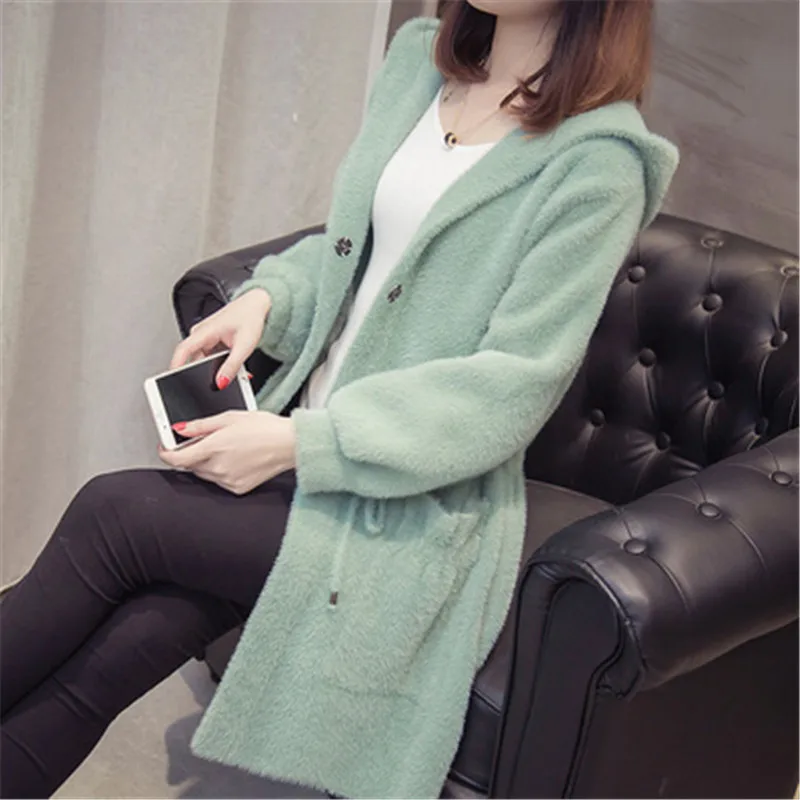 Women Autumn Winter Imitation Mink Cashmere Knitted Cardigans New Loose Sweater Coats Female Hooded Casual Outerwear