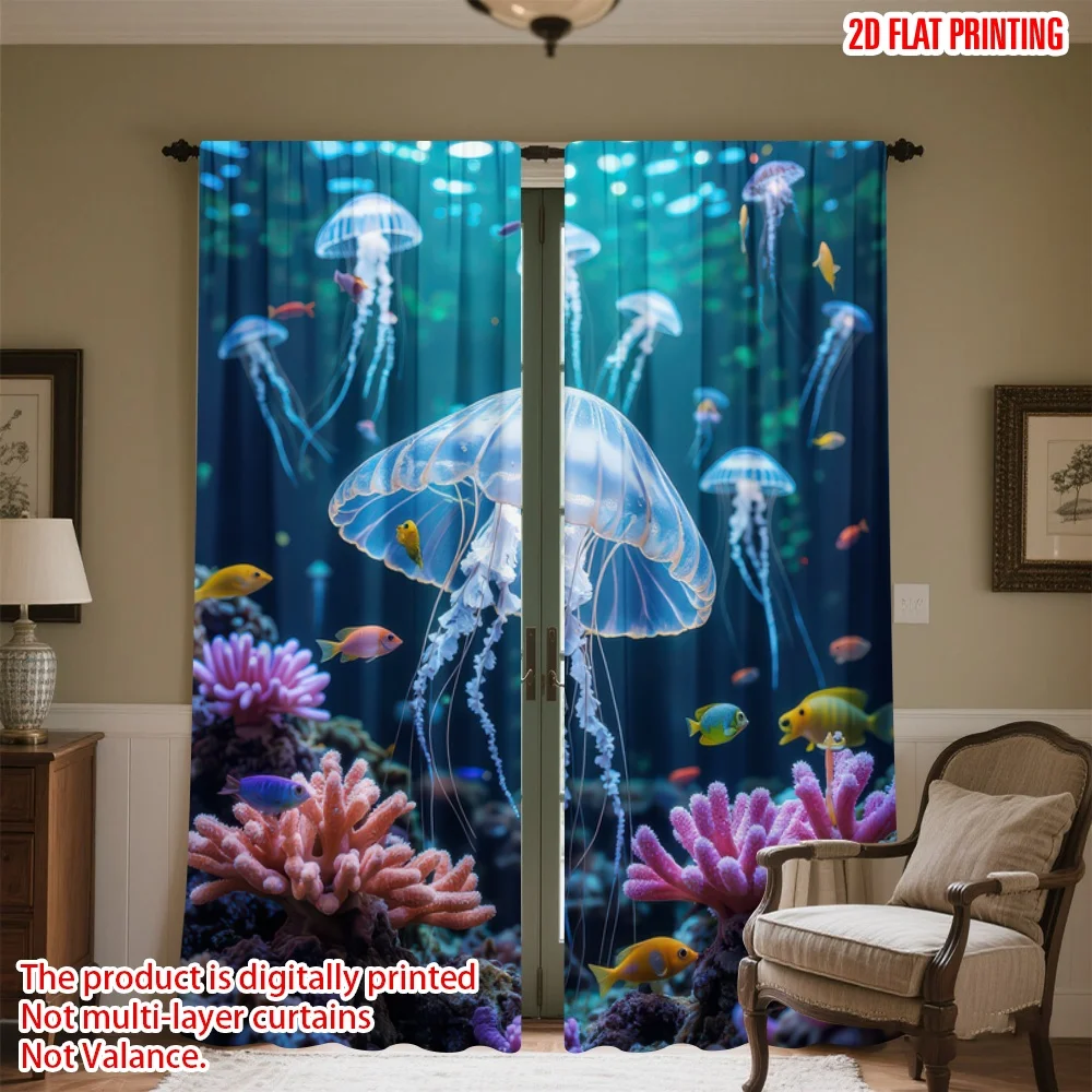 

2D flat printing 2pcs Window Curtains Jellyfish and Coral Reef Digital Printed Polyester Drapes Festive Curtains Perfect for