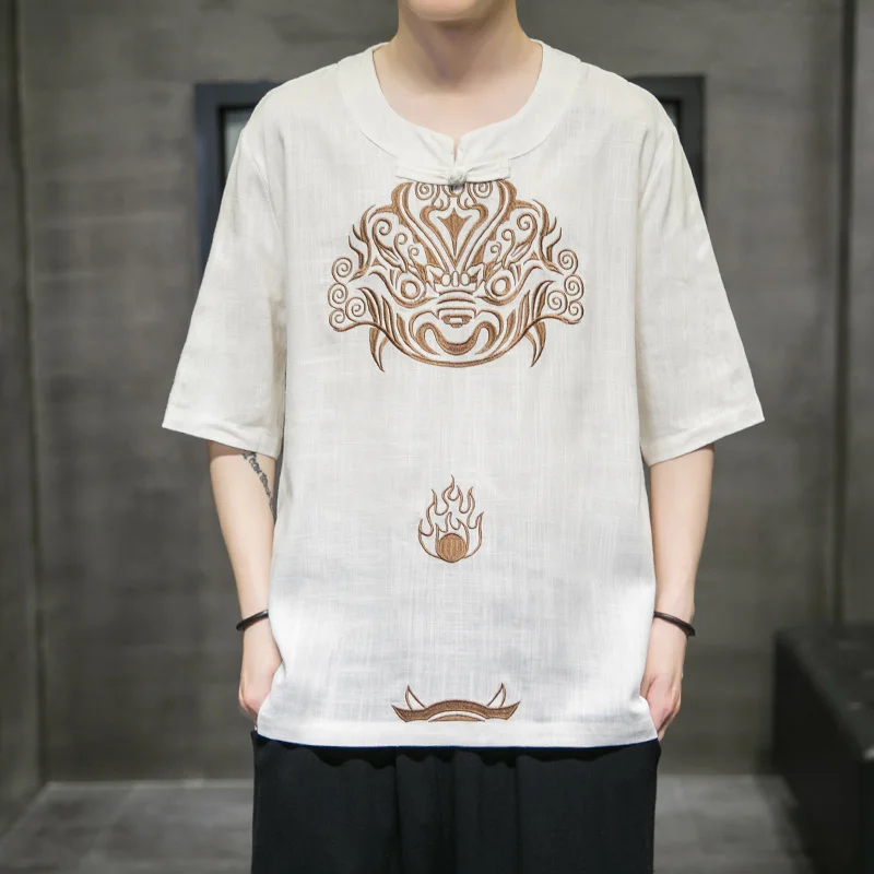 Chinese Style Summer Short Sleeve High Quality Kirin Embroidery Oversized T Shirt Harajuku Plus Size Linens Top Men Clothing