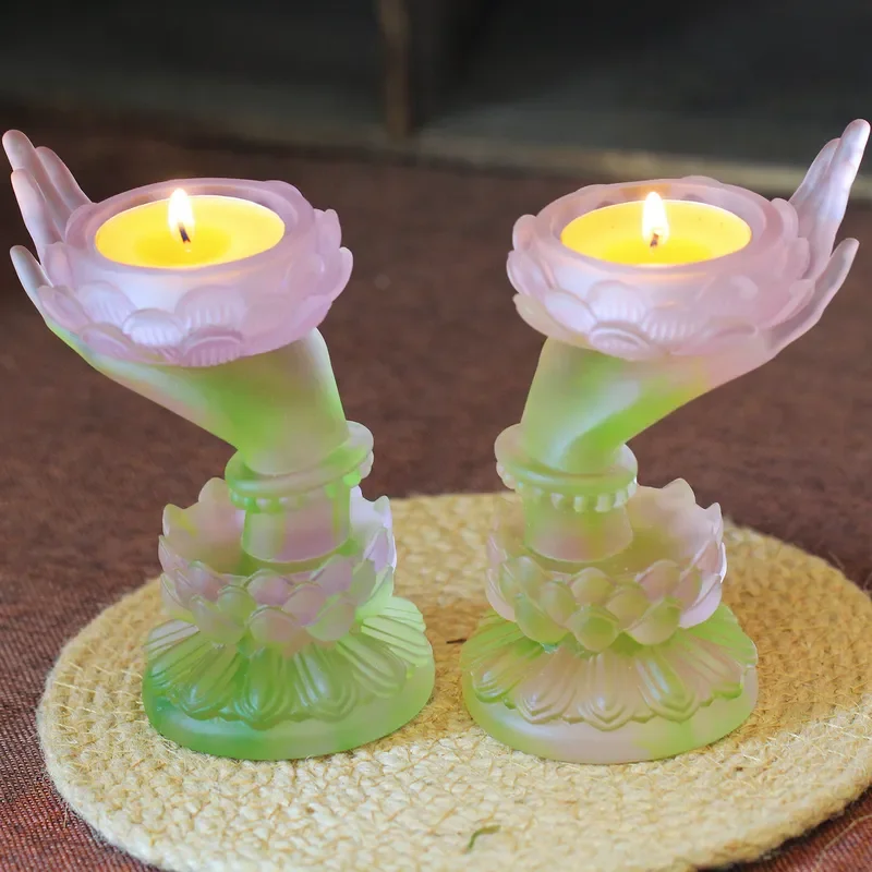Vintage Glazed Ceramic Lotus Candle Holder for Buddhist Altar Home Decor Butter Lamp Stand Religious Ornament Zen Style