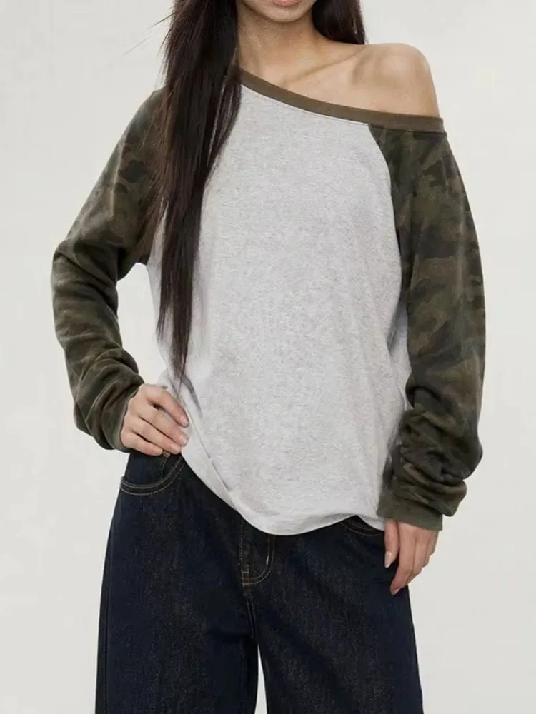 Women T Shirts Sexy Diagonal Collar Off Shoulder Loose Patchwork Contrast Color Long Sleeve Tops Female Autumn Casual